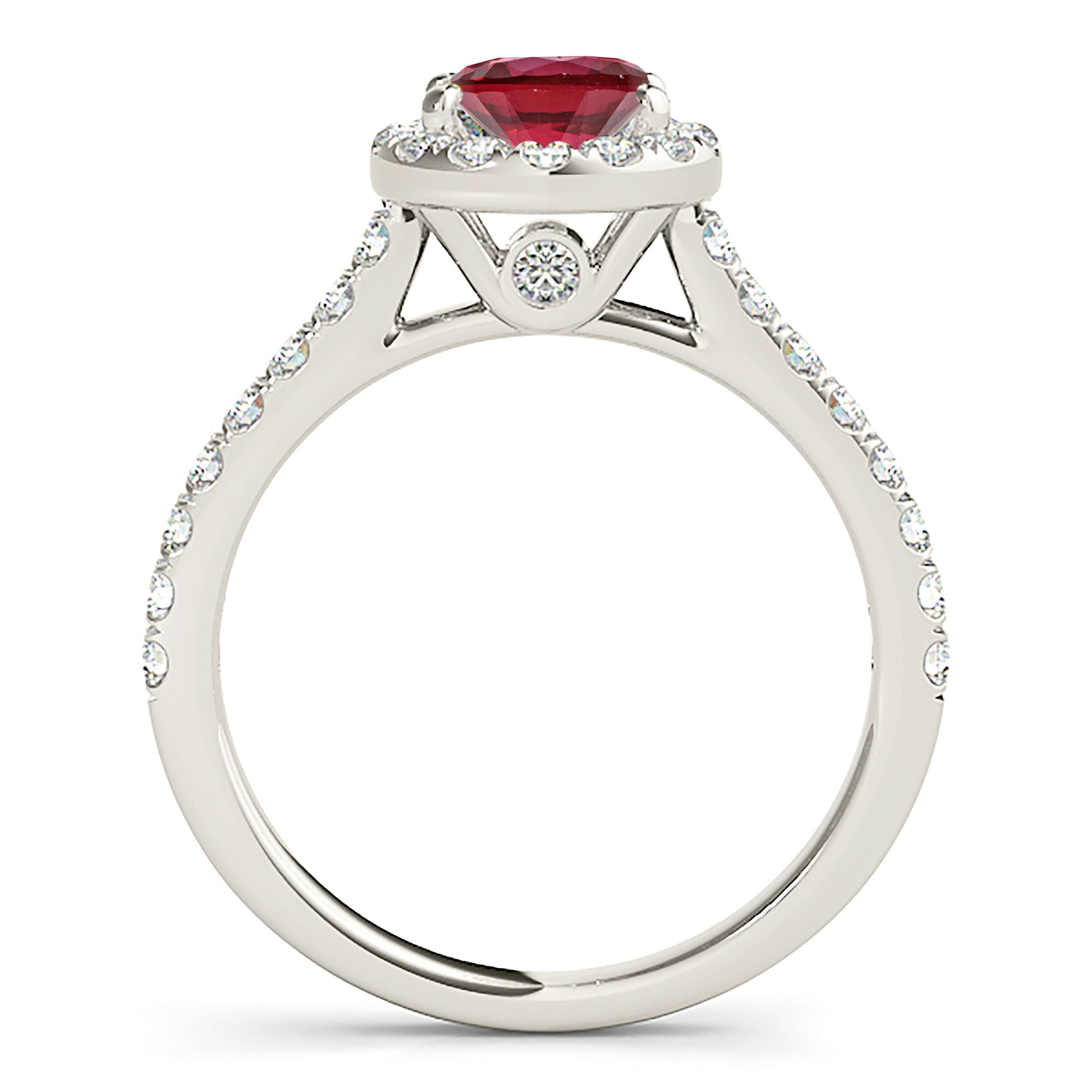 1.35 ct. Genuine Ruby Ring With 0.35 ctw. Diamond Halo , Delicate Diamond Band, Accent Diamond On Basket | Round Ruby Halo Ring | Ruby Ring-VIRABYANI